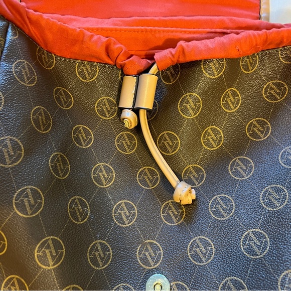 Adrienne Vittadini Brown and Tan Backpack with Orange‎ Trim Drawstring, Magnetic - Picture 9 of 13